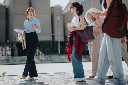 Professor guiding students during an outdoor educational sessionの写真素材