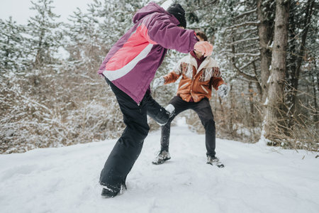 Two friends enjoying a playful winter day outdoors in the snowy forest