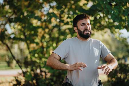 Man expressing emotion outdoors in a sunny park setting