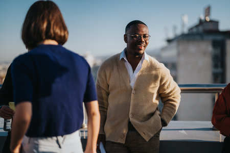 Multicultural business associates brainstorming ideas on rooftop setting