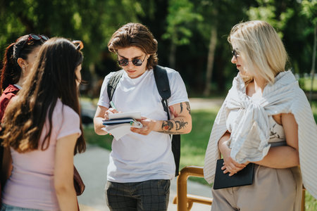 Students discussing with their professor in an outdoor setting during the dayの写真素材