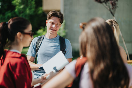 Group of university students listening to a lecture outdoors on campusの写真素材