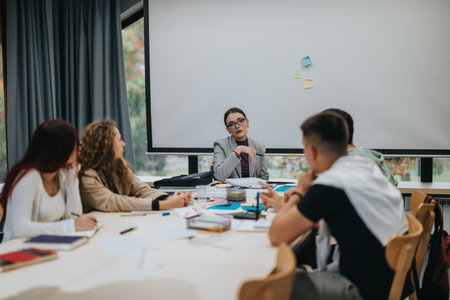 Students engaged in a classroom discussion with a teacher