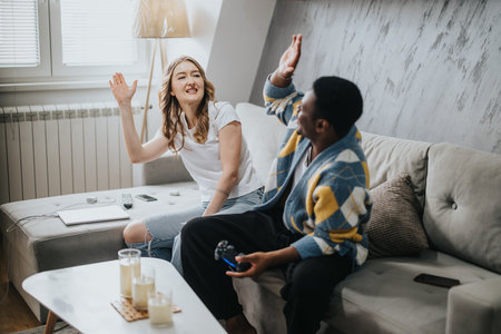 Diverse friends enjoying quality time at home on a comfortable couch