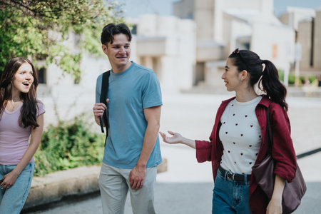 Students engaging in a lively conversation outdoors on a sunny campus dayの写真素材