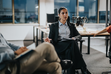 Businesswoman engaged in a serious meeting with colleagues in office setting