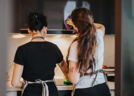 Two Women Collaborating in the Kitchen While Preparing a Meal Togetherの写真素材