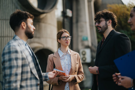 Business people brainstorming strategies in urban outdoor meetingの写真素材
