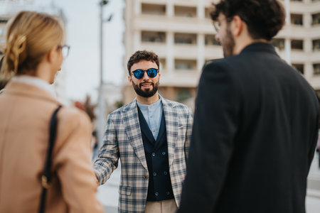 Business people engaging in outdoor meeting in urban environmentの写真素材