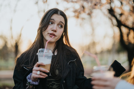 Young girl enjoying iced coffee during an outdoor conversation at sunsetの写真素材