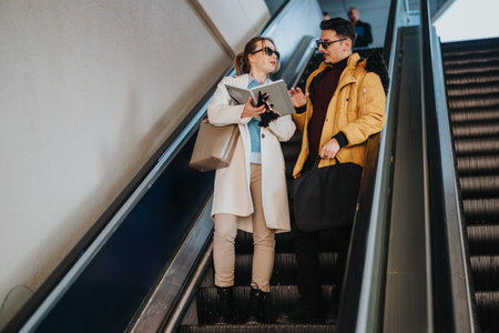 Young professionals conversing on an escalator during a busy day