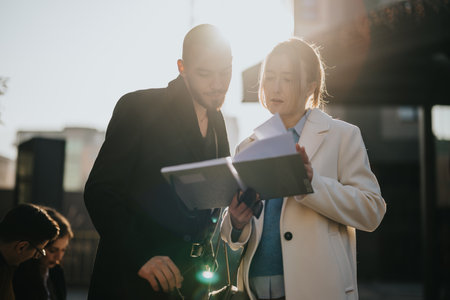 Young business colleagues collaborating on a project in an urban outdoor settingの写真素材