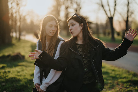Two teen girls enjoying a casual conversation outdoors in warm sunlight