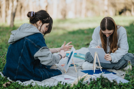 Two friends painting and enjoying creative time together outdoors in a park settingの写真素材
