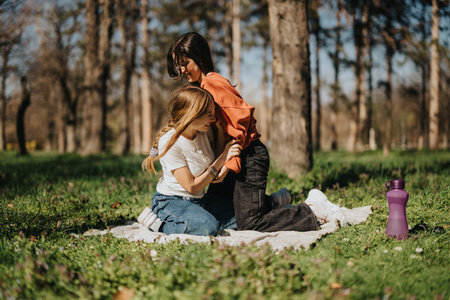 Two friends enjoying a joyful moment together outdoors in a sunny parkの写真素材