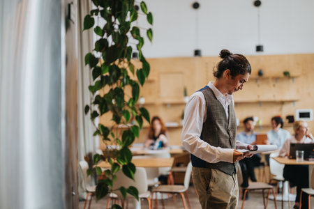 Man reviewing papers in a rustic style co working space with colleaguesの写真素材