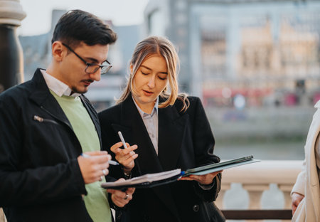 Business professionals discussing documents during an outdoor meeting by a riverside promenade