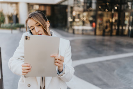 Woman wearing a headset using a tablet in a modern outdoor city setting