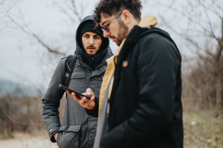 Two Young Friends Sharing a Moment Outdoors in a Natural Settingの写真素材