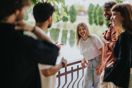 Group of happy friends sharing laughter in a scenic park settingの写真素材