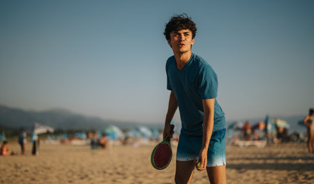 Young man enjoying a game of paddle ball on a sunny beachの写真素材