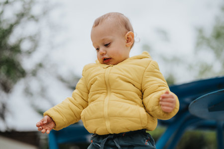 Young child wearing a yellow jacket outdoors on a cloudy dayの写真素材