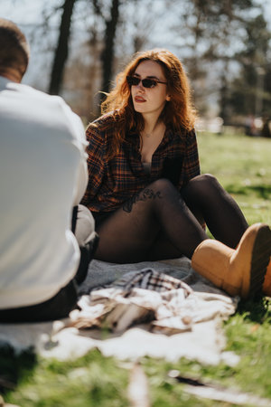 Young couple enjoying a spring day sitting on a blanket outdoorsの写真素材