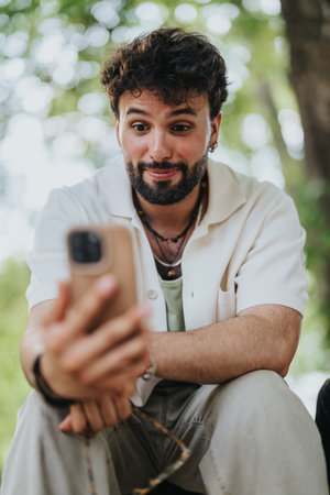 Man happily using smartphone outdoors while enjoying a scenic park environmentの写真素材