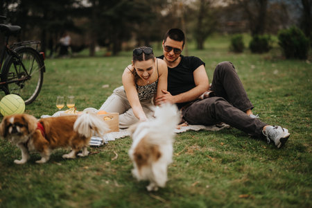 Young couple enjoying a picnic with dogs in a park setting