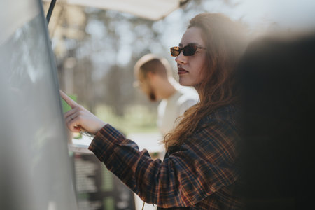 Young woman using a touch screen outdoors in a natural park settingの写真素材