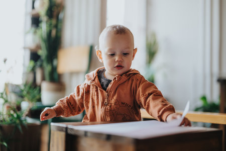 Curious toddler exploring indoors surrounded by natural plants and wooden furnitureの写真素材