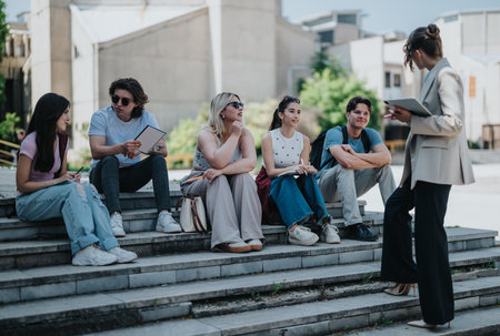 Group of students discussing outside with a professor during a sunny dayの写真素材