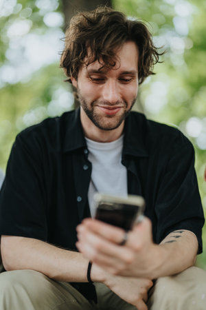 Young Man Smiling While Using Smartphone in a Park Setting
