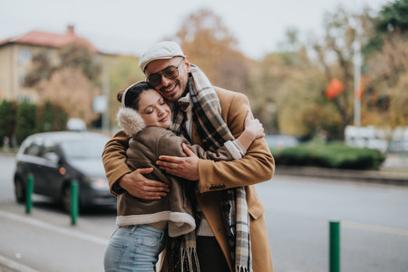 Happy couple embracing outdoors on a chilly autumn dayの写真素材