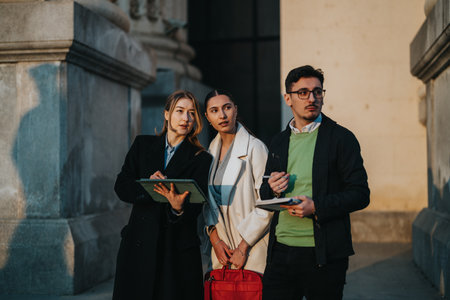 Group of business coworkers discussing plans while standing outdoors at a historic siteの写真素材