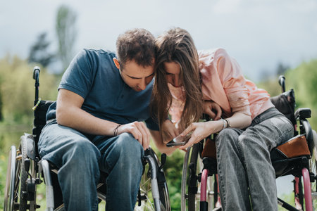 Two friends in wheelchairs bonding over a shared moment while using a smart phone outdoorsの写真素材