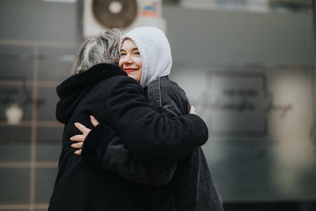 Warm Embrace Between Two People Sharing a Touching Moment of Connectionの写真素材