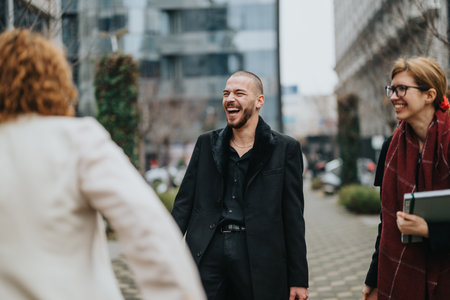 Happy colleagues sharing a joyful conversation outdoorsの写真素材