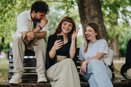 Friends enjoying time together on a park bench in a natural settingの写真素材