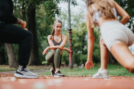 Group workout session in park with friends focusing on stretchingの写真素材