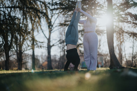 Two individuals practicing handstand yoga poses in a parkの写真素材