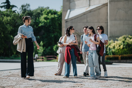 Professor guiding students during an outdoor educational session on a sunny dayの写真素材