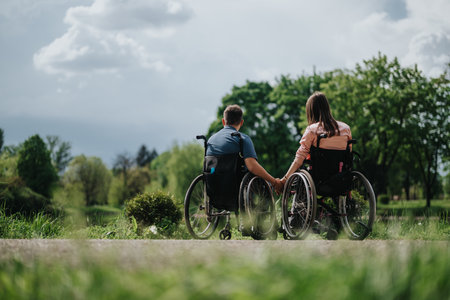 Two people in wheelchairs enjoying a peaceful moment outdoors in a lush, green park settingの写真素材