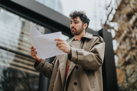 Young businessman reading a document outdoors on a cloudy dayの写真素材