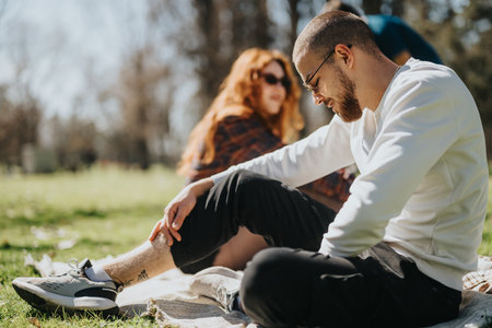 Young friends relaxing in a sunny park surrounded by greeneryの写真素材