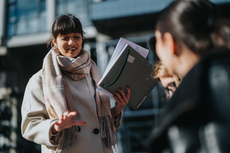 Businesswoman discussing ideas outdoors while holding documents in natural sunlight