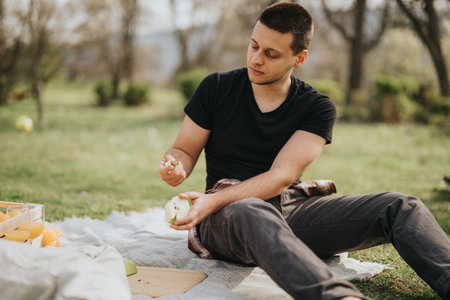 Man enjoying a picnic while peeling a green apple outdoorsの写真素材