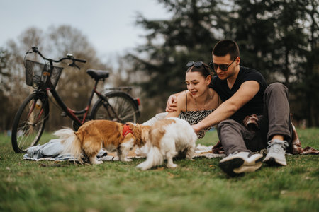Couple enjoying a picnic with dogs in a park settingの写真素材