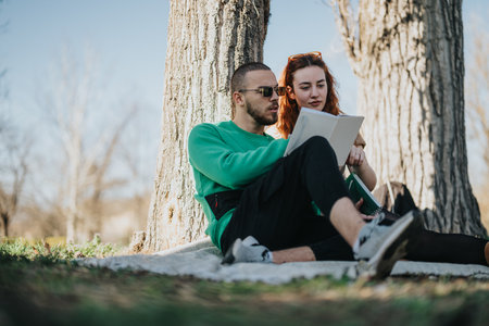 Couple enjoying a relaxing afternoon in the park, reading and bonding together