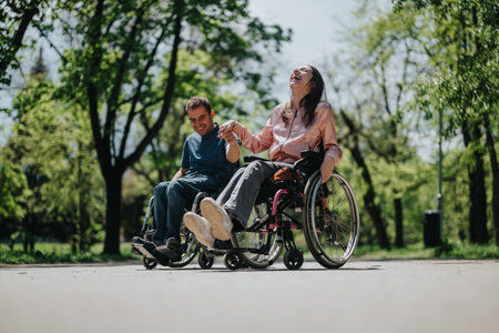 Two friends in wheelchairs enjoying a sunny day outdoors togetherの写真素材